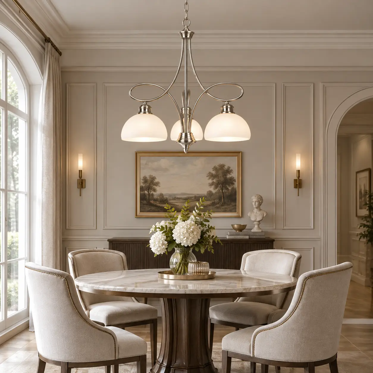 Satin Nickel Curved Arm Pendant in Contemporary Dining Space